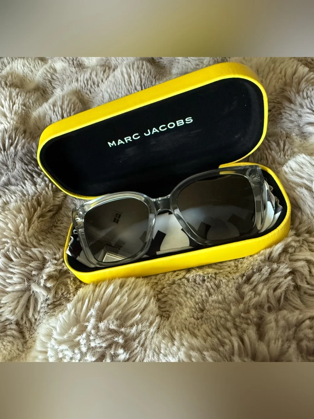 Marc Jacobs Clear Frame Sunglasses with Black Lenses and Yellow Case